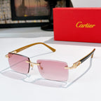 Square eyeglasses with pink lens tint and orange-brown frames, gold-tone details