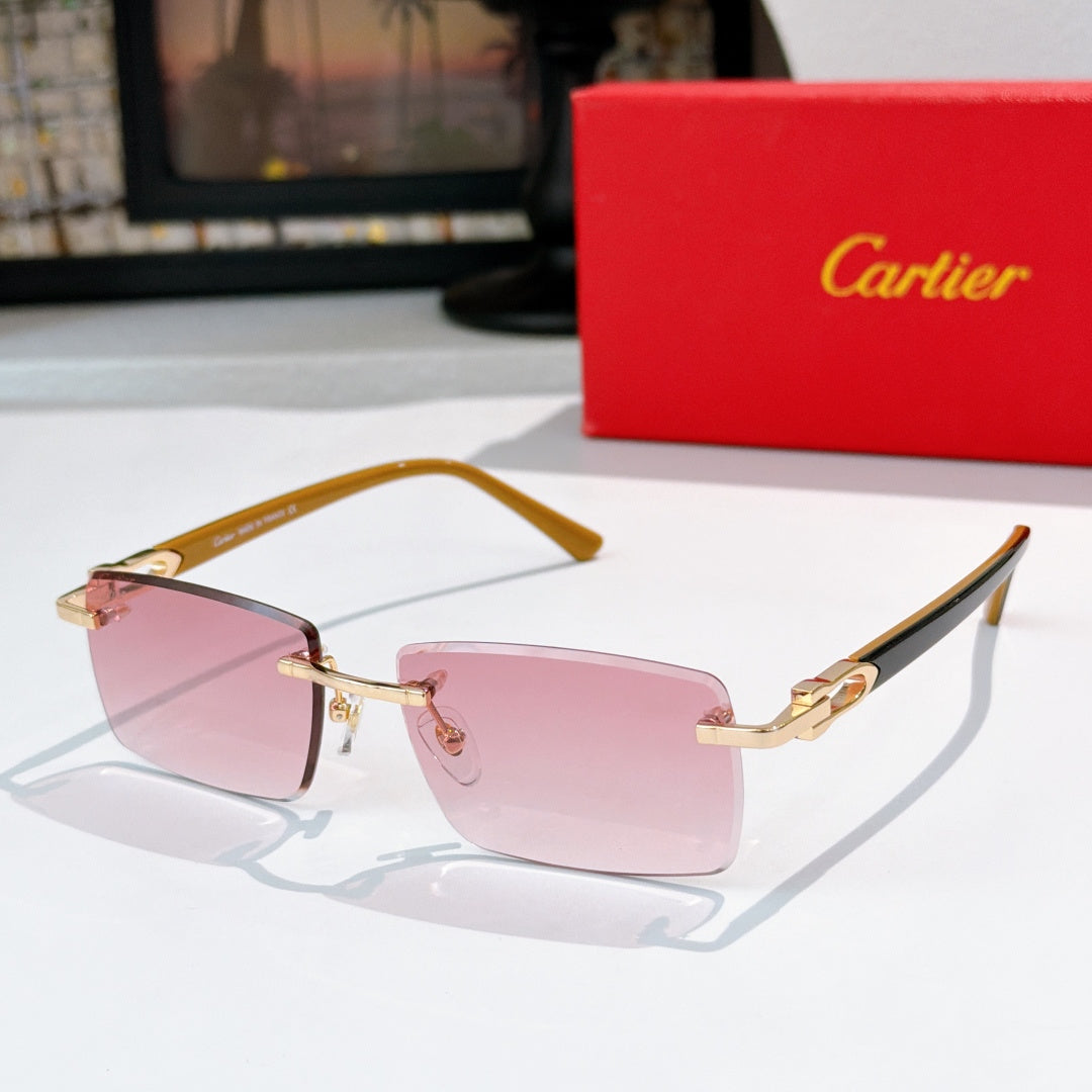 Square eyeglasses with pink lens tint and orange-brown frames, gold-tone details
