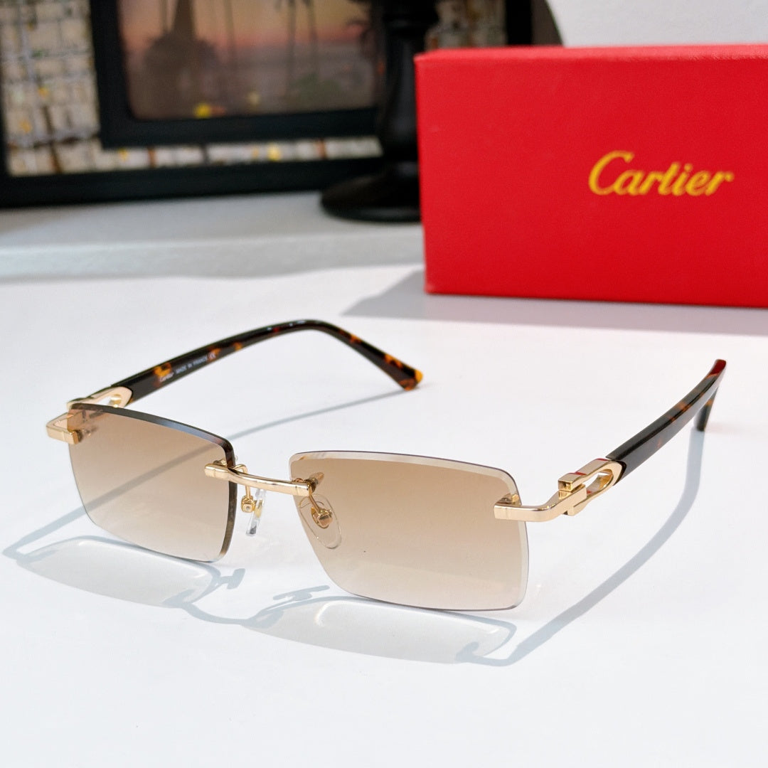 Square eyeglasses with beige-tinted lenses, gold-tone hinges, dark temples