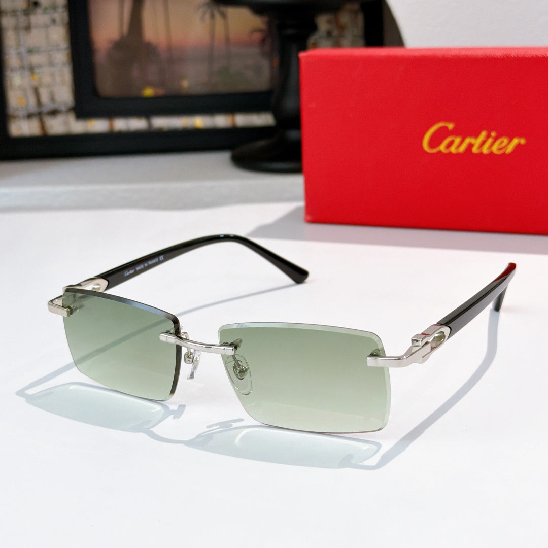 Square eyeglasses with green lens tint and light frames, gold-tone details