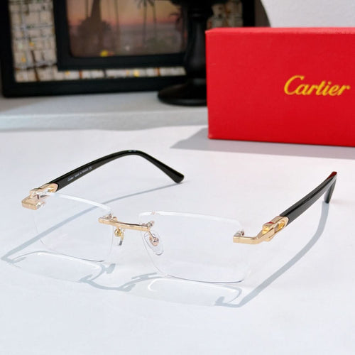 Rectangular eyeglasses with black frames and gold-tone details, clear lenses