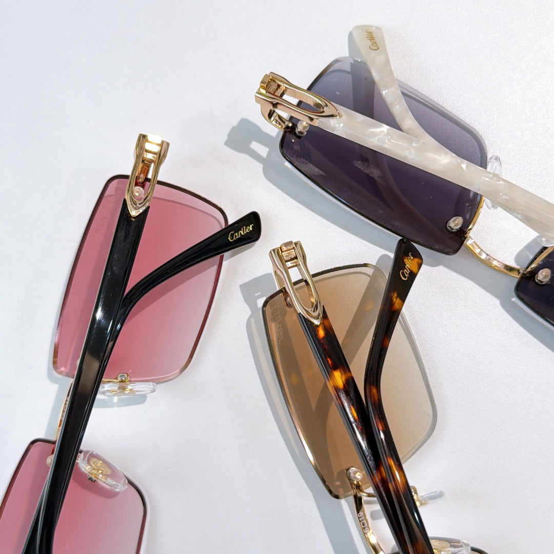 Square eyeglasses set with rose, tortoise, and dark-lens frames; gold-tone accents