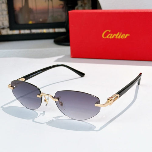 Cartier sunglasses with black frames, dark purple lenses, and gold metal details