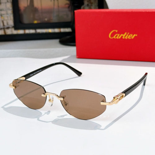 Cartier sunglasses with black frames, brown tinted lenses, and gold metal accents