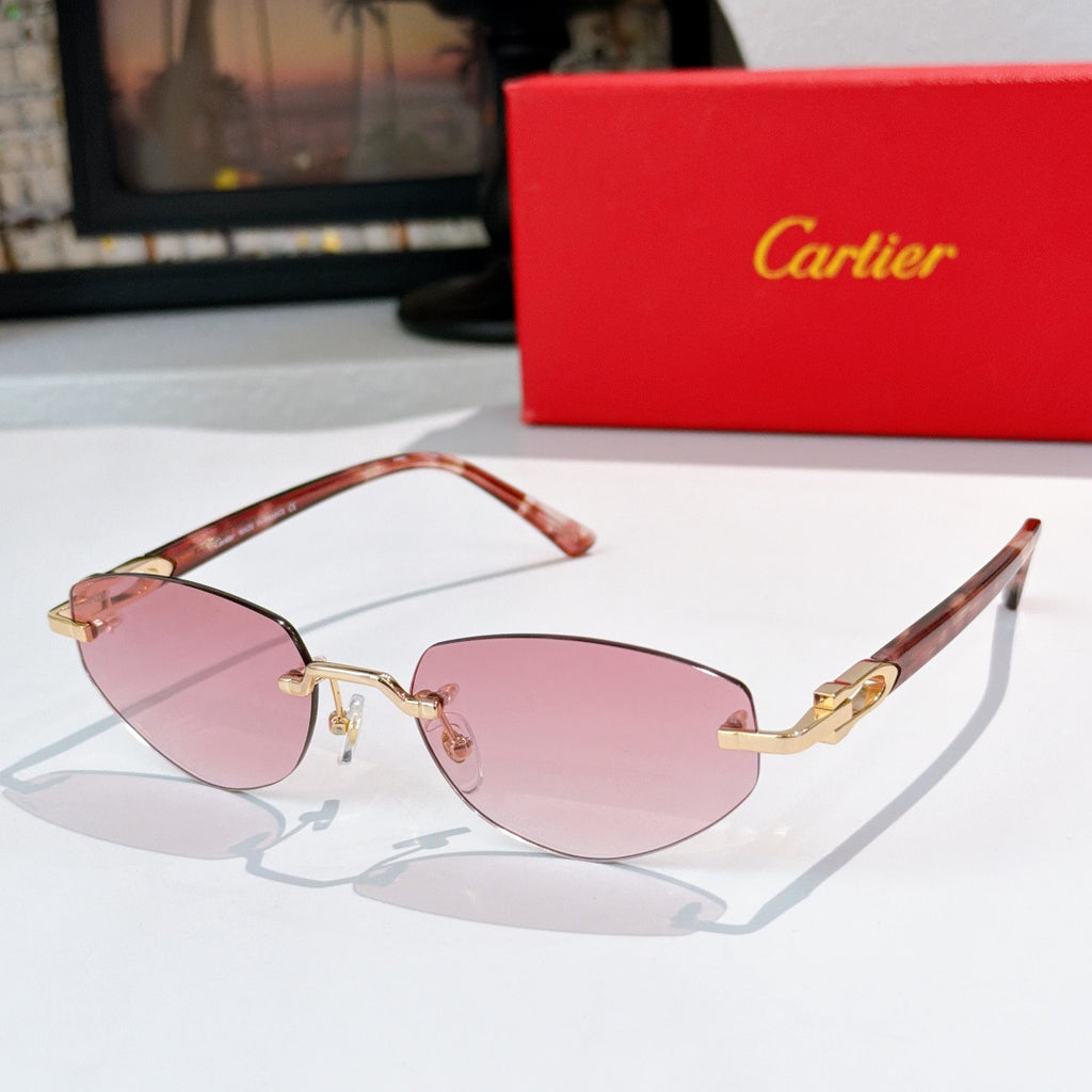 Cartier sunglasses with reddish-brown frames, pink tinted lenses, and gold metal accents
