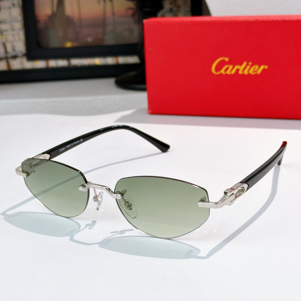 Cartier sunglasses with black frames, green tinted lenses, and gold metal details