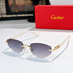 Cartier sunglasses with light-colored frames, dark purple lenses, and gold metal accents
