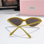 MiuMiu sunglasses front view with yellow frames and dark lenses