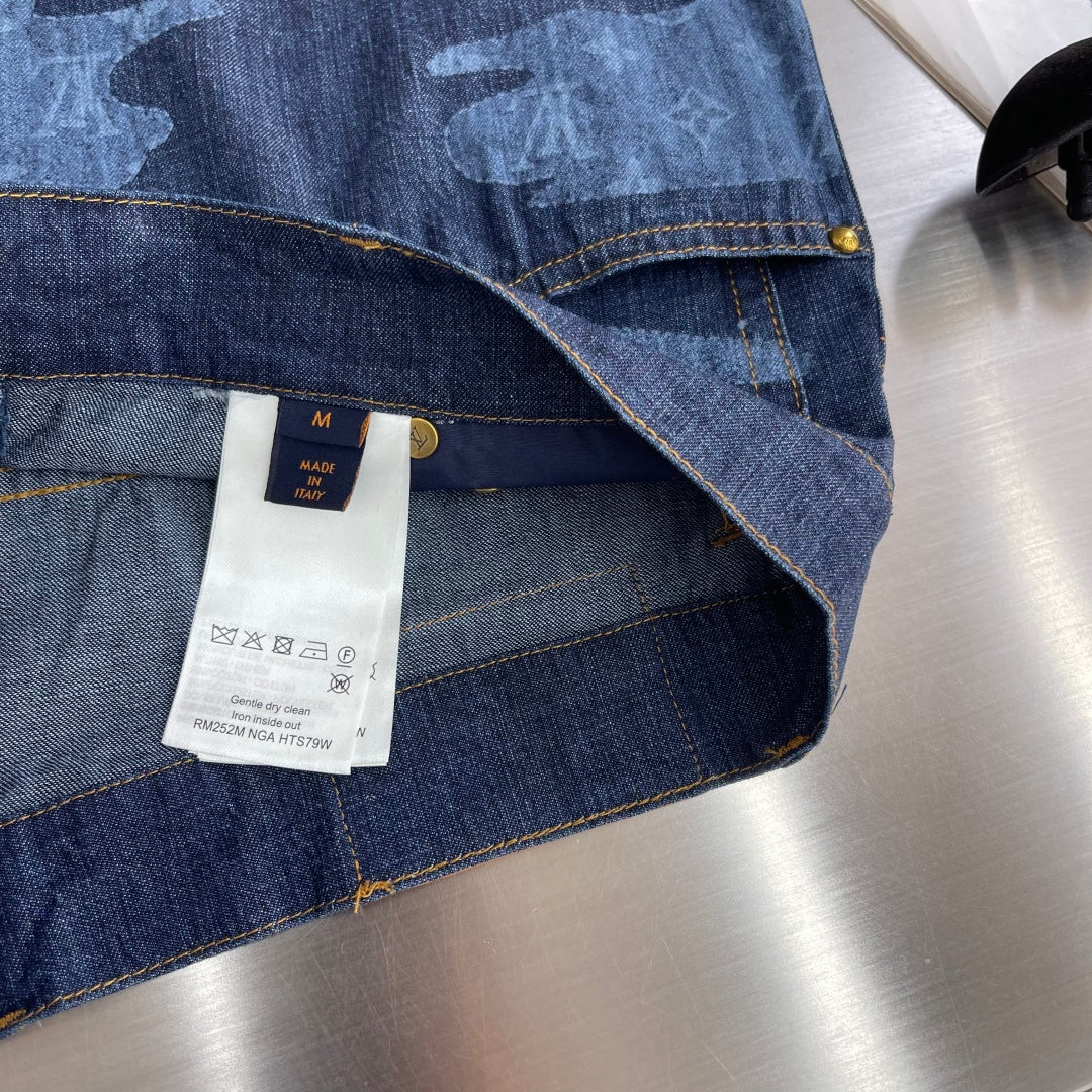 Louis Vuitton dark blue denim shorts hem with gold thread and size label on inside