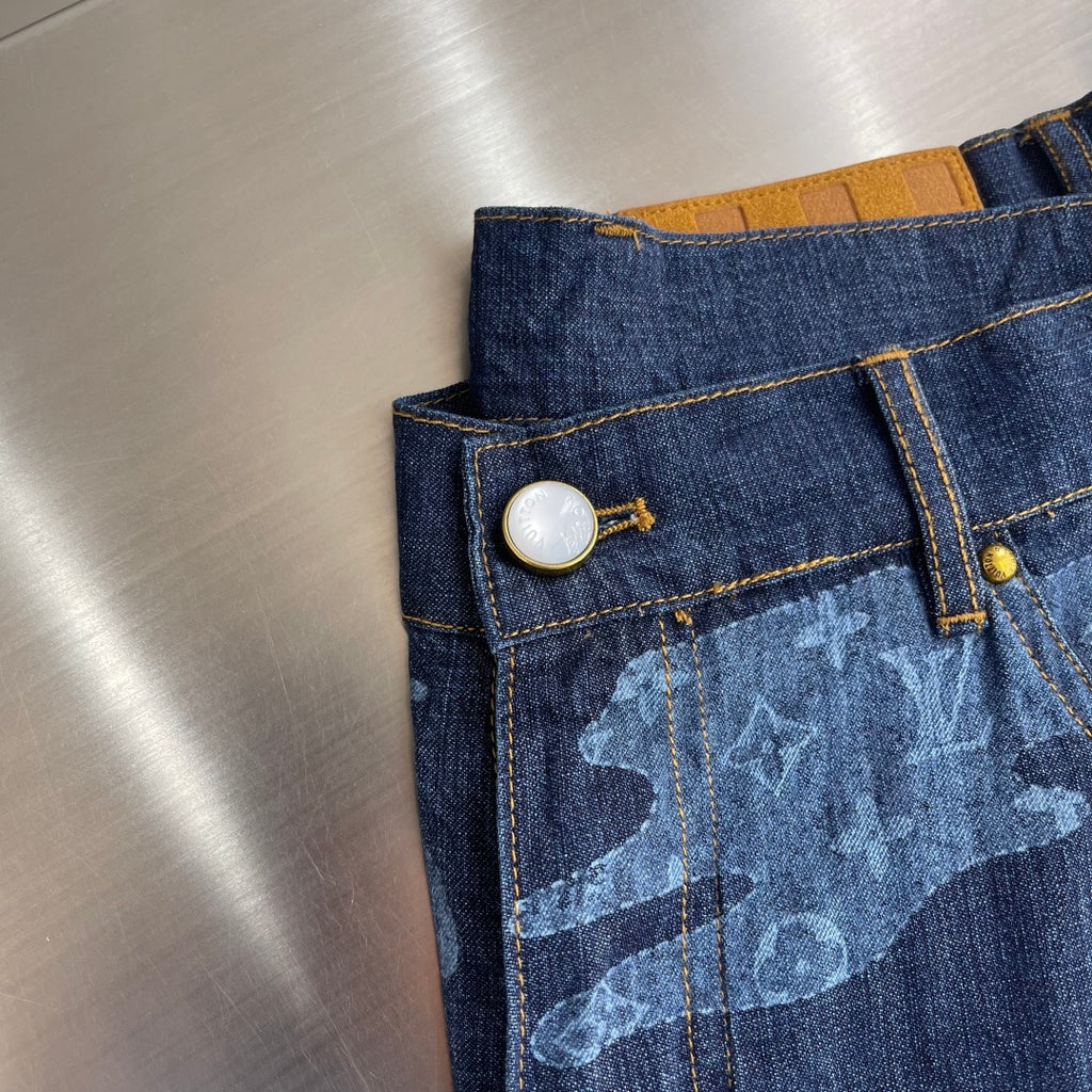 Louis Vuitton dark blue denim shorts with gold-tone button and light blue patterned pocket