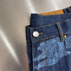 Louis Vuitton dark blue denim shorts with gold-tone button and light blue patterned pocket