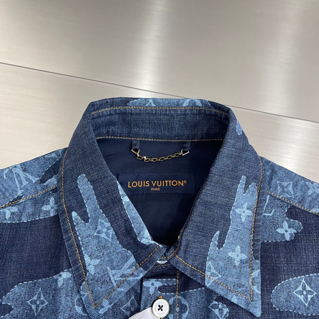 Louis Vuitton denim shirt, blue collar and neckline with brand label