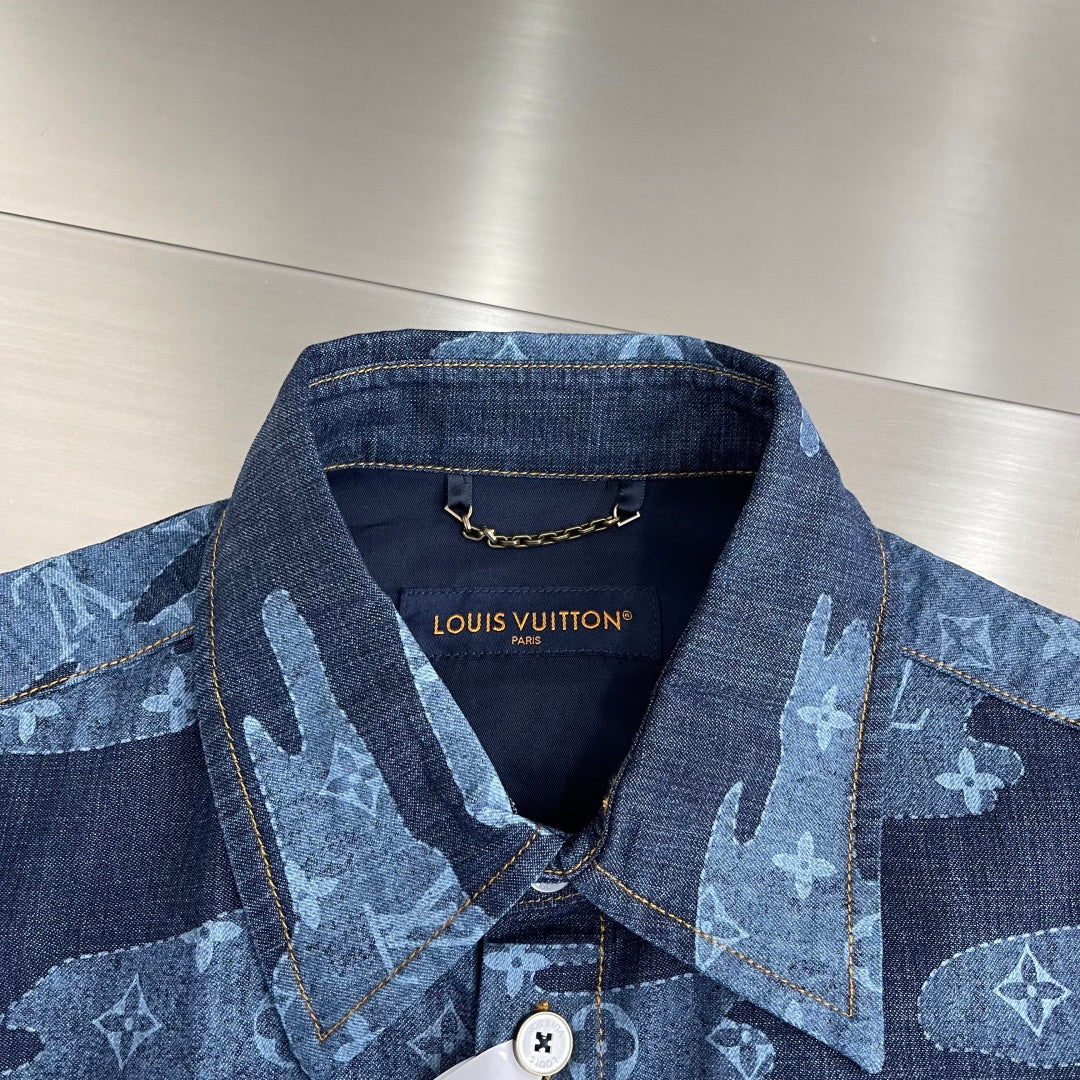 Louis Vuitton denim shirt, blue collar and neckline with brand label