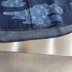 Louis Vuitton denim shirt hem, blue monogram print and yellow-stitched edge