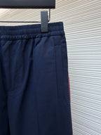Navy pants with elastic waistband, front pleats, and side pocket