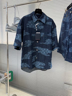 Louis Vuitton dark blue denim button-up shirt with light blue all-over patterned print