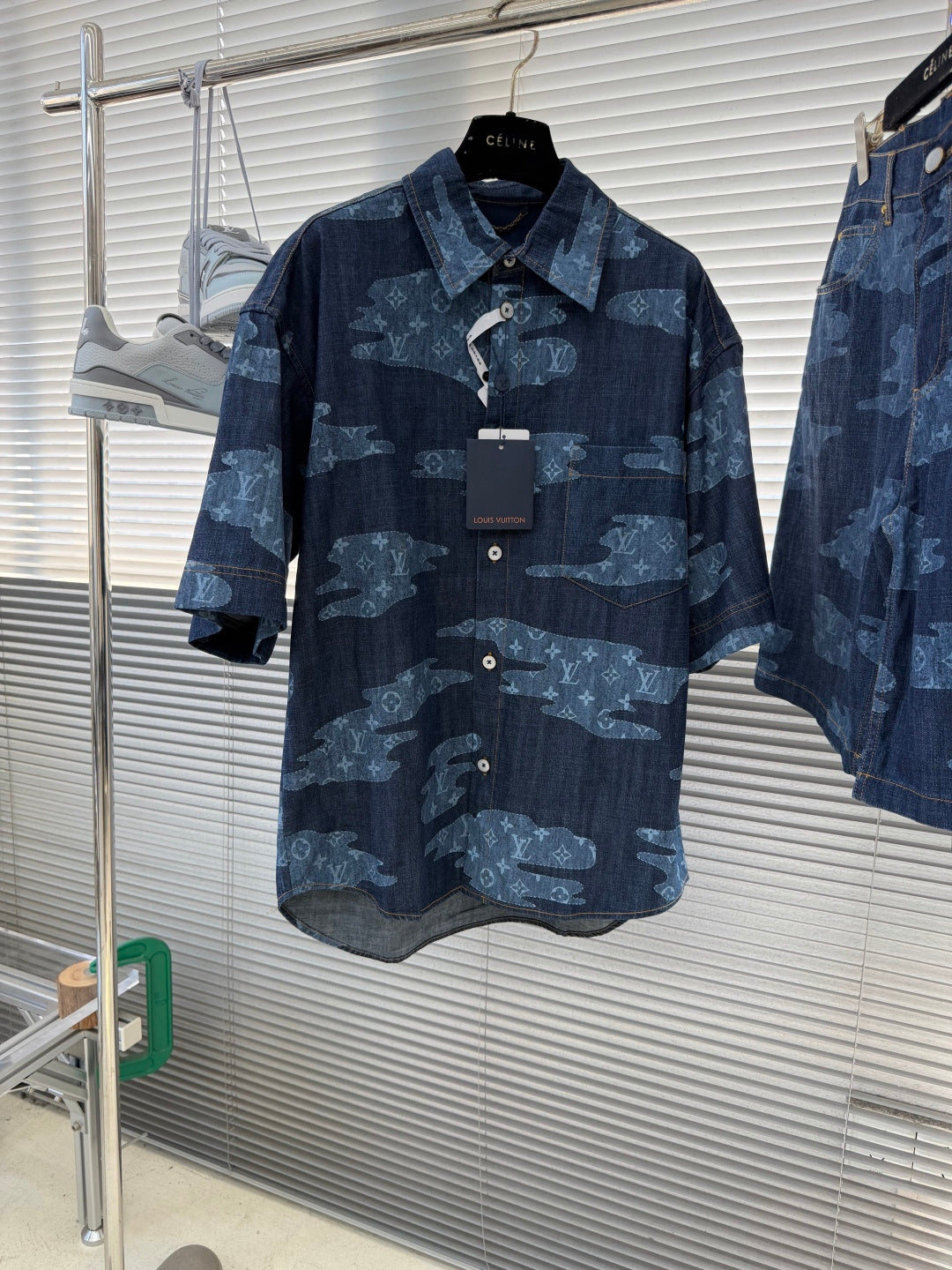 Louis Vuitton dark blue denim button-up shirt with light blue all-over patterned print