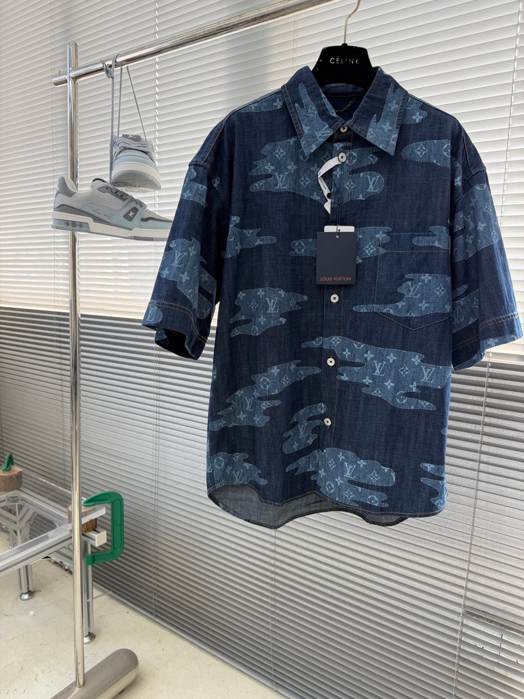 Louis Vuitton denim short-sleeve shirt, button-front, blue monogram pattern