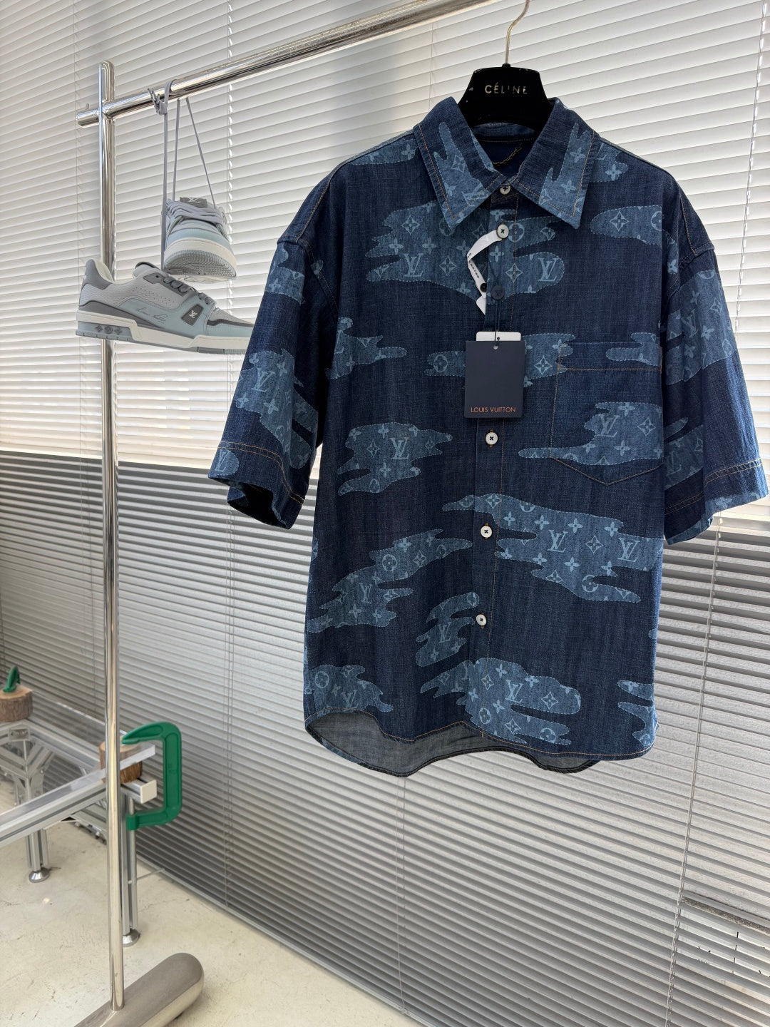 Louis Vuitton denim short-sleeve shirt, button-front, blue monogram pattern