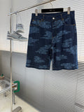 Louis Vuitton dark blue denim shorts with light blue all-over patterned print