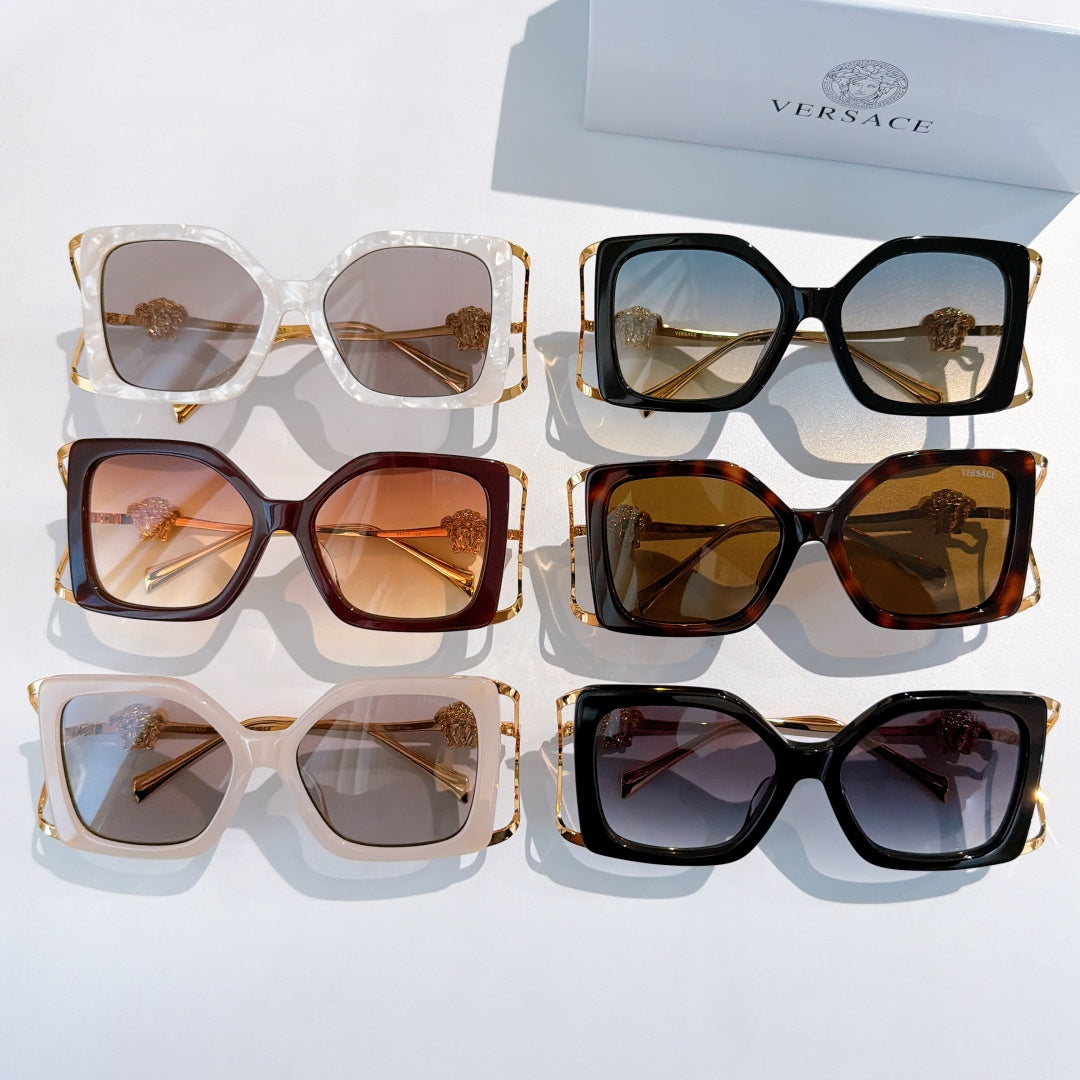 Set of square sunglasses with assorted frames and lenses, gold lion temple details.