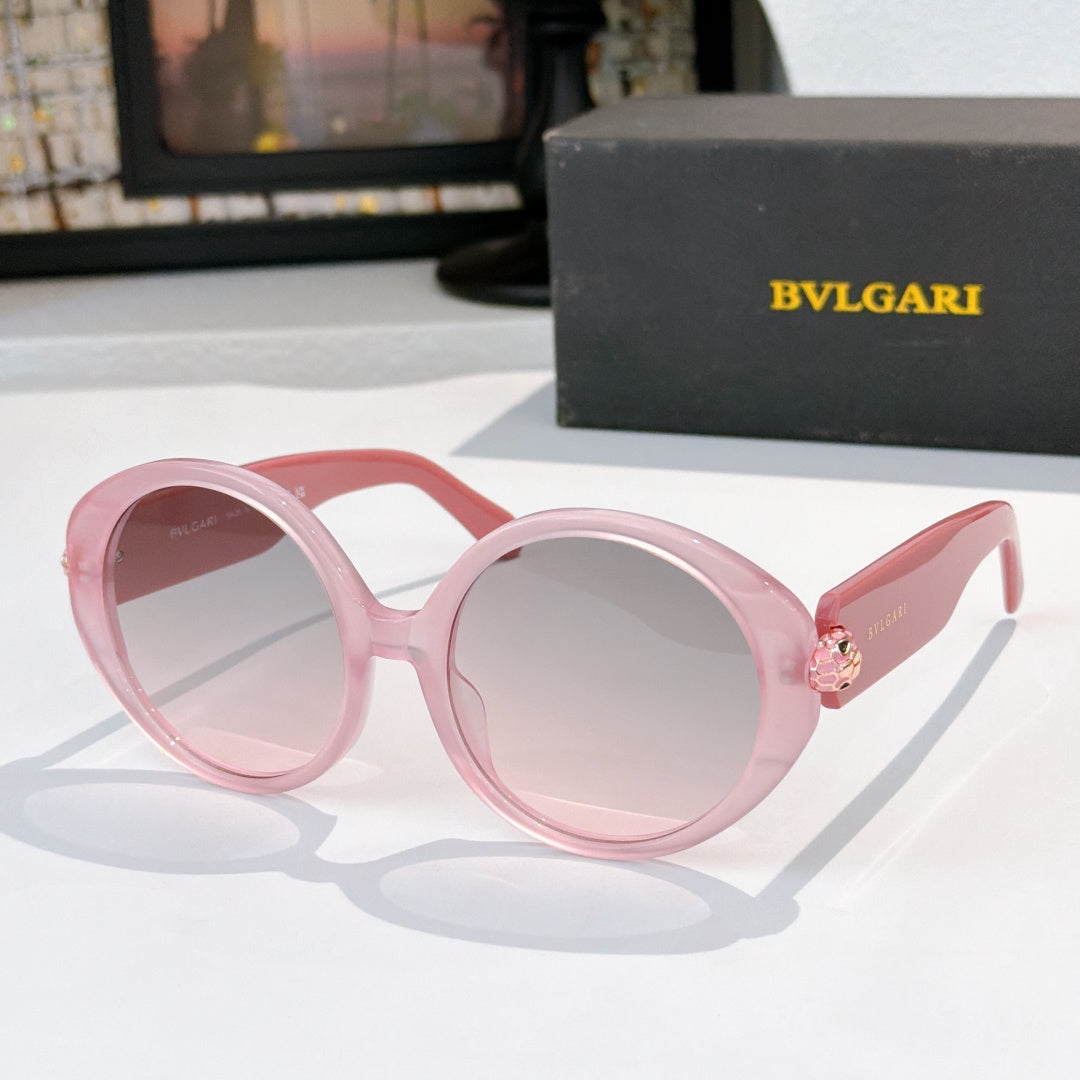Light pink sunglasses with rose tinted lenses, BVLGARI logo on temple