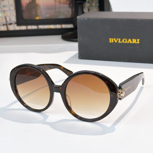 Dark tortoise sunglasses with brown lenses, BVLGARI logo on temple arms