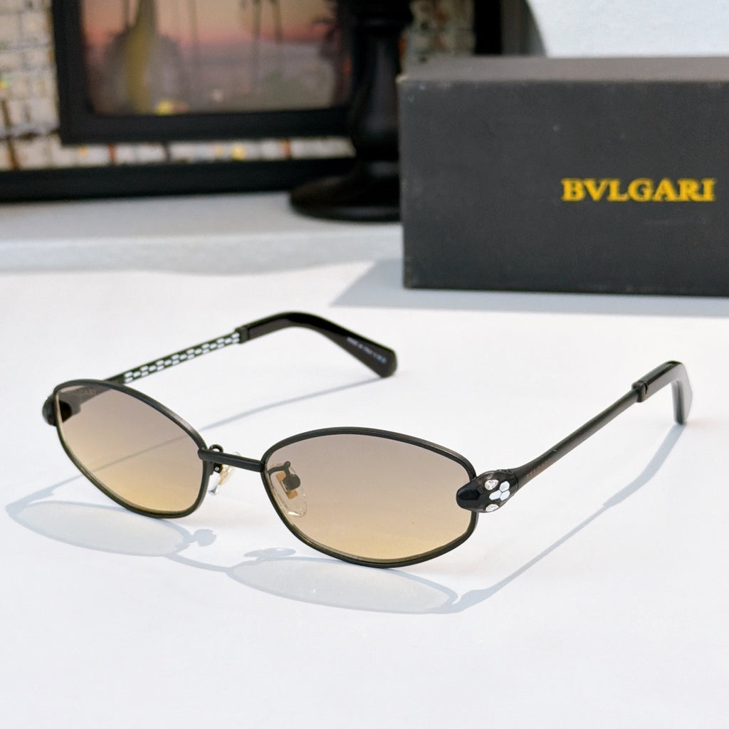 Sunglasses with black frame, metallic arms, and beige tinted lenses