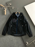 Prada black hooded jacket with front zipper and blue trim