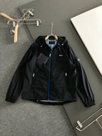Prada black hooded jacket with front zipper and blue trim