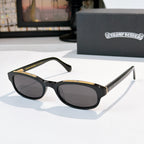 Chrome-finish sunglasses with black frames and oval dark lenses