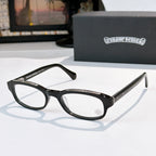Chrome-finish glasses with black frames and oval clear lenses