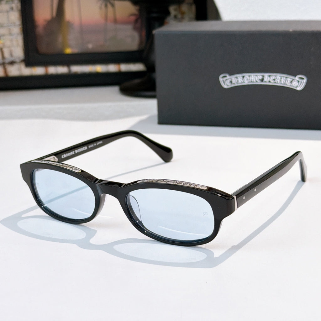 Chrome-finish glasses with black frames and oval light-blue lenses