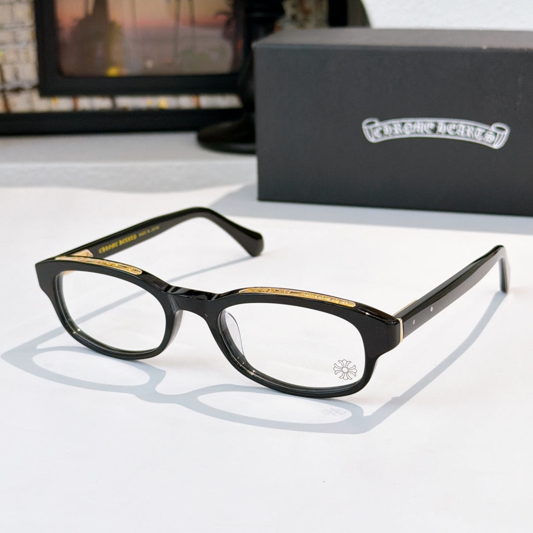 Chrome-finish glasses with black frames and oval clear lenses