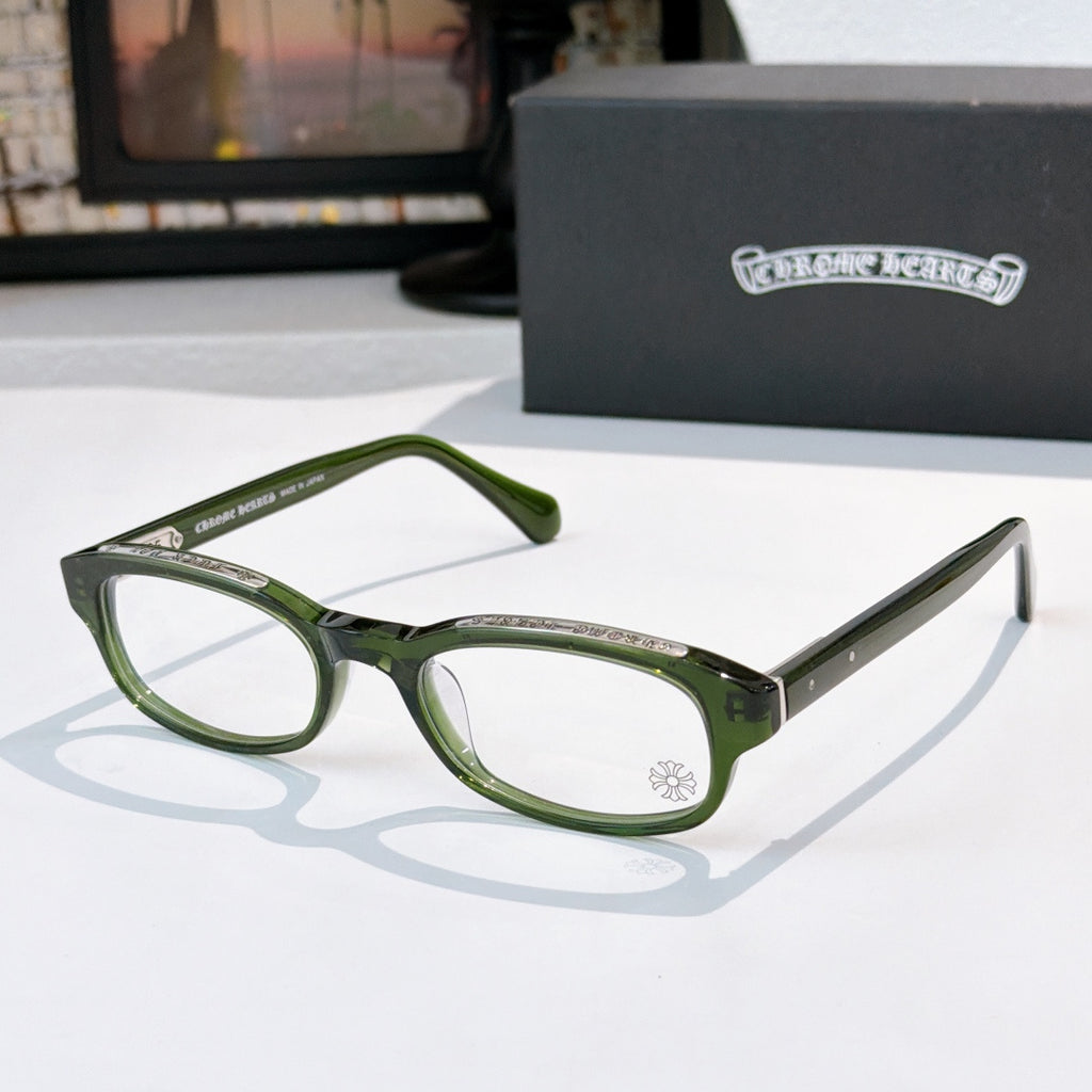 Chrome-finish glasses with green frames and oval clear lenses