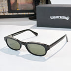 Chrome-finish sunglasses with black frames and oval dark lenses