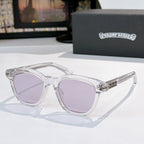 Chrome sunglasses with clear frame and lavender-tinted lenses