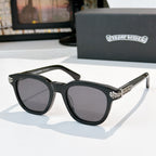 Chrome sunglasses with black frame and gray lenses