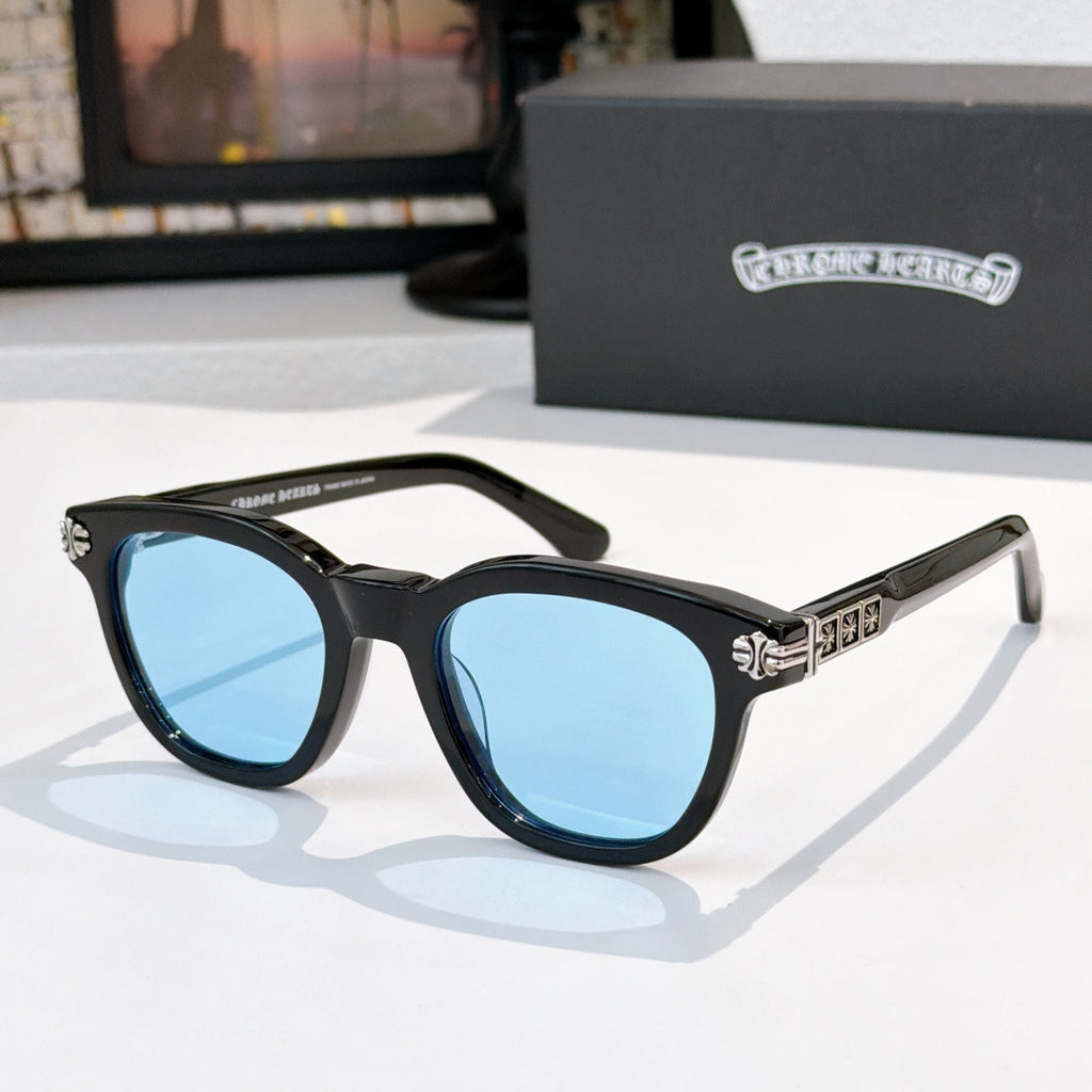 Chrome sunglasses with black frame and blue-tinted lenses