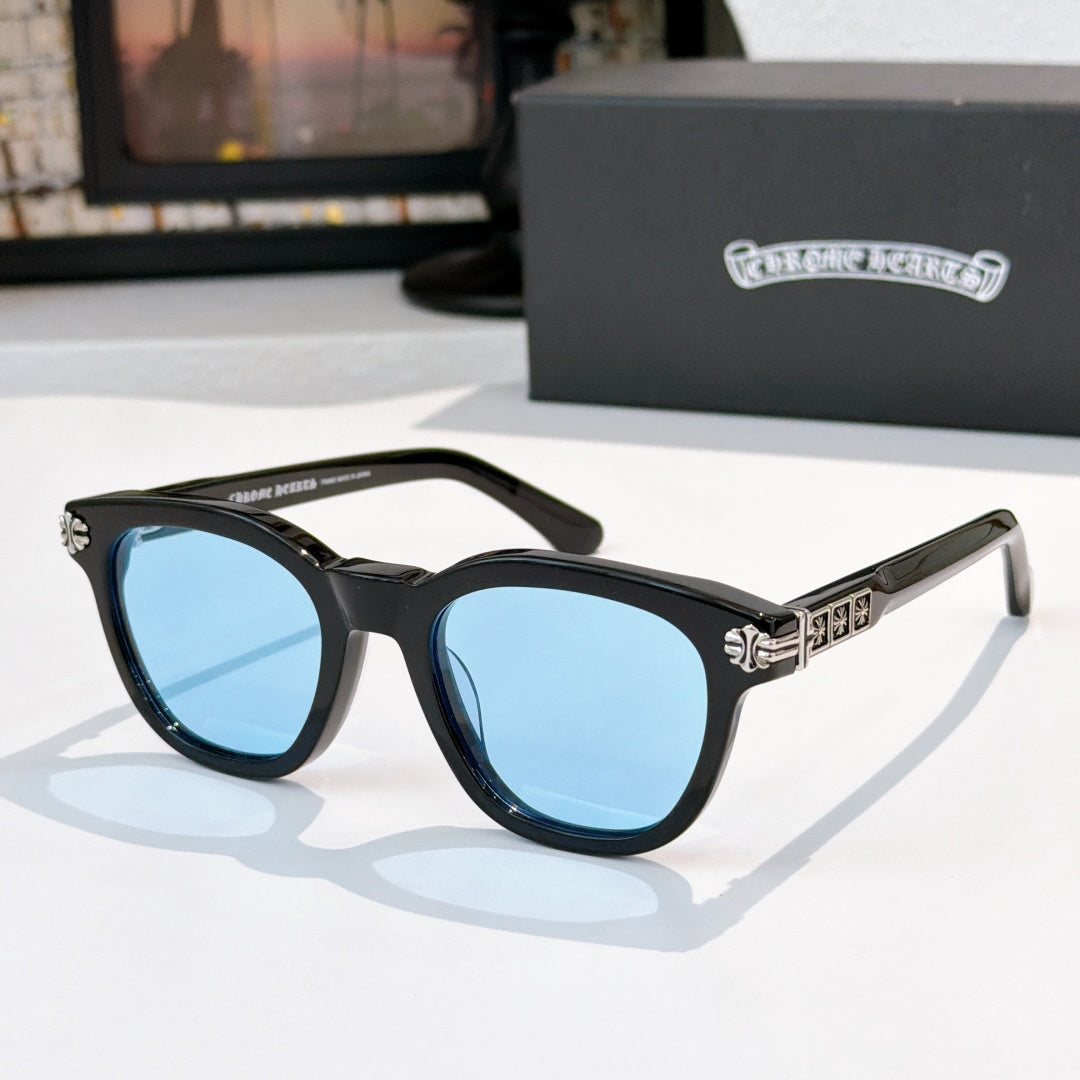 Chrome sunglasses with black frame and blue-tinted lenses