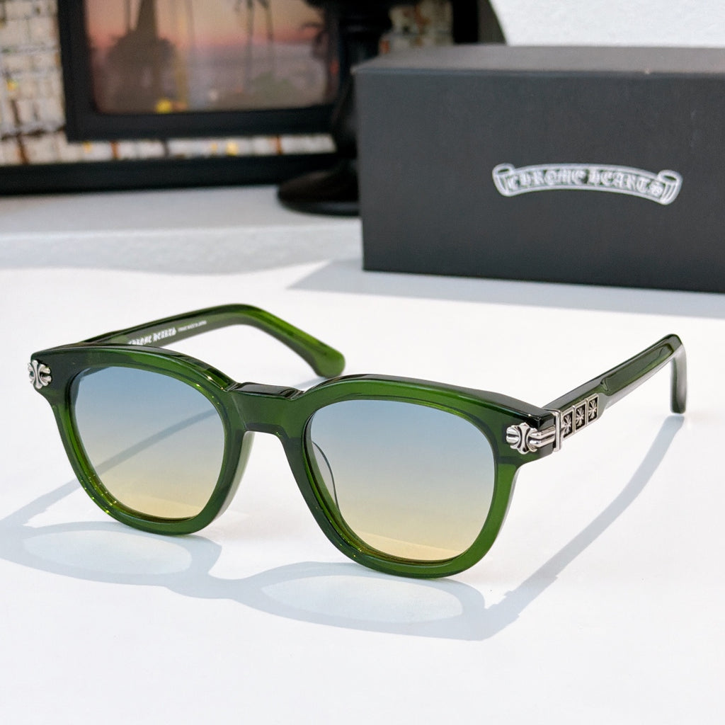 Chrome sunglasses with green frame and green-tinted lenses