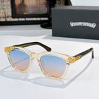 Chrome sunglasses with gold accents and blue-tinted lenses