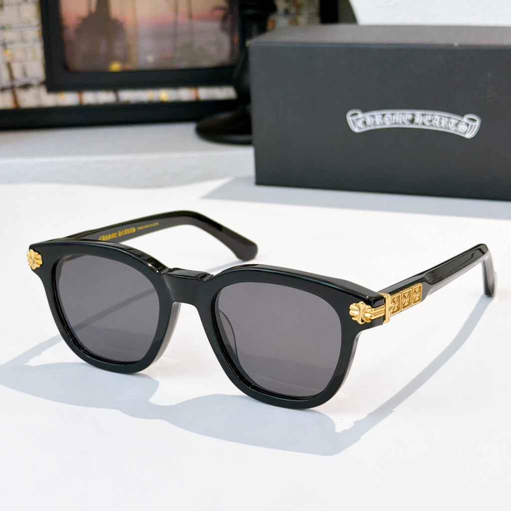 Chrome sunglasses with black frame and dark gray lenses