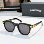 Chrome sunglasses with black frame and dark gray lenses