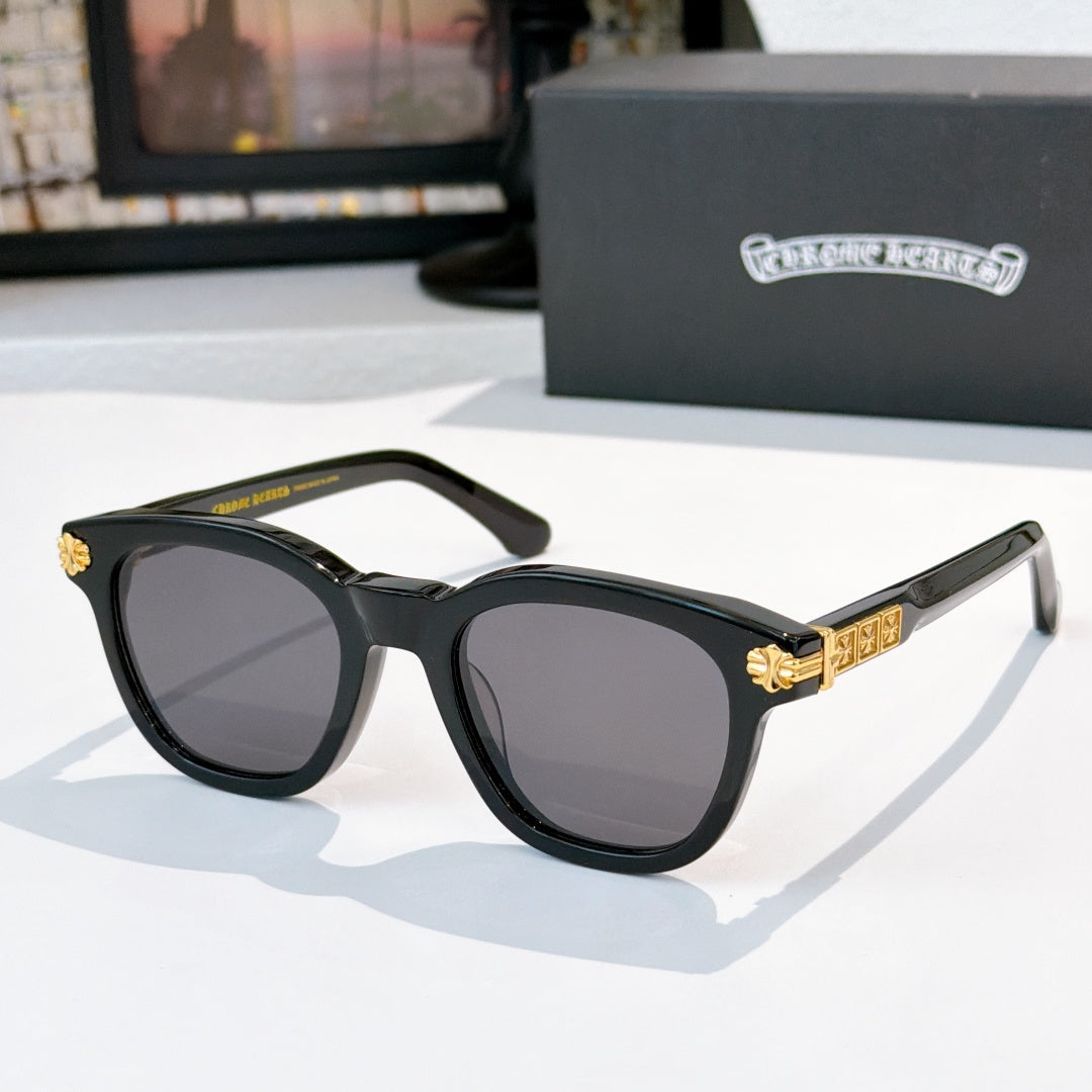 Chrome sunglasses with black frame and dark gray lenses