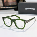 Green acetate glasses with clear lenses and silver temple logo detail, side view