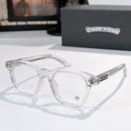 Clear acetate glasses with clear lenses and silver logo temple detail