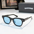 Oval sunglasses with black frame and blue tinted lenses, metal temples and arms.