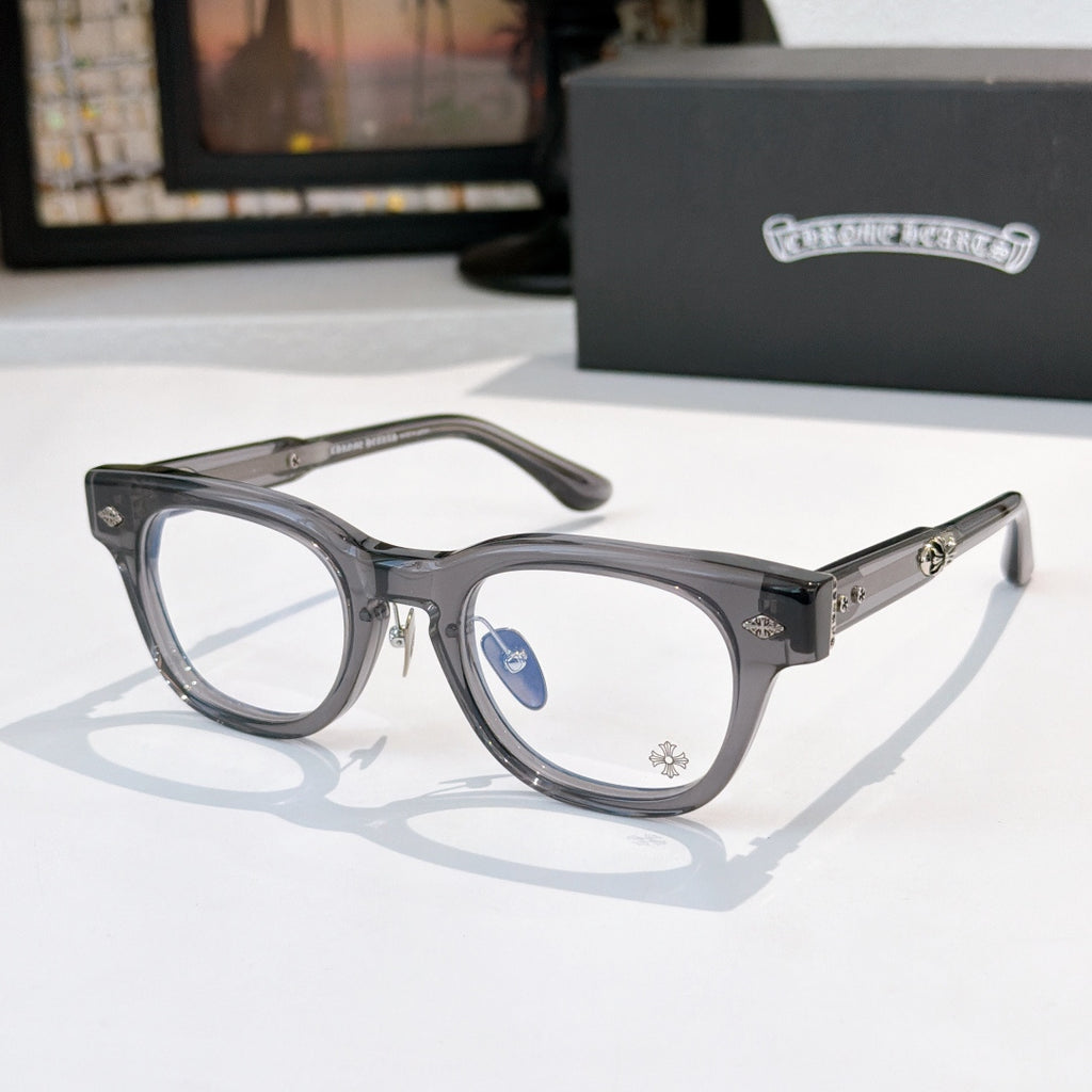 Glasses with dark gray frames and clear lenses, blue lens detail