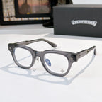 Glasses with dark gray frames and clear lenses, blue lens detail